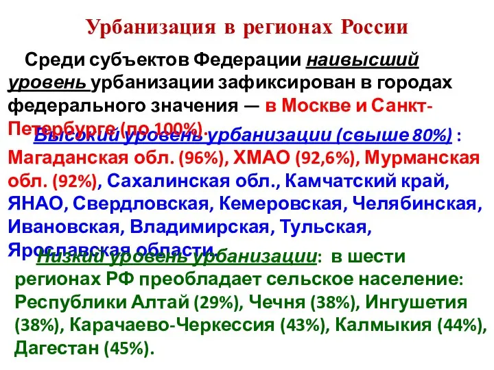 Урбанизация в регионах России Высокий уровень урбанизации (свыше 80%) : Магаданская обл.