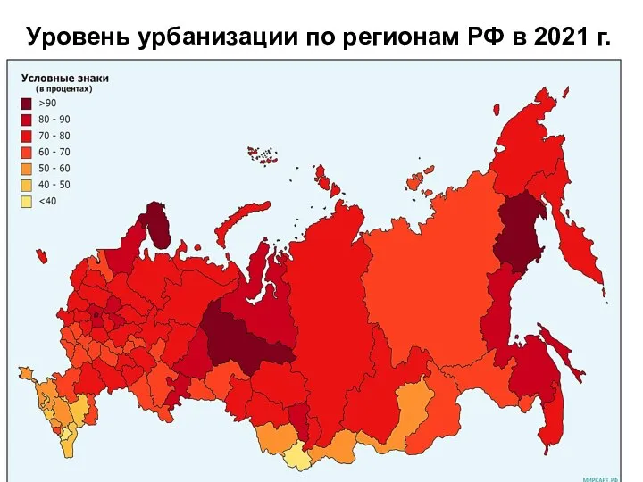 Уровень урбанизации по регионам РФ в 2021 г.