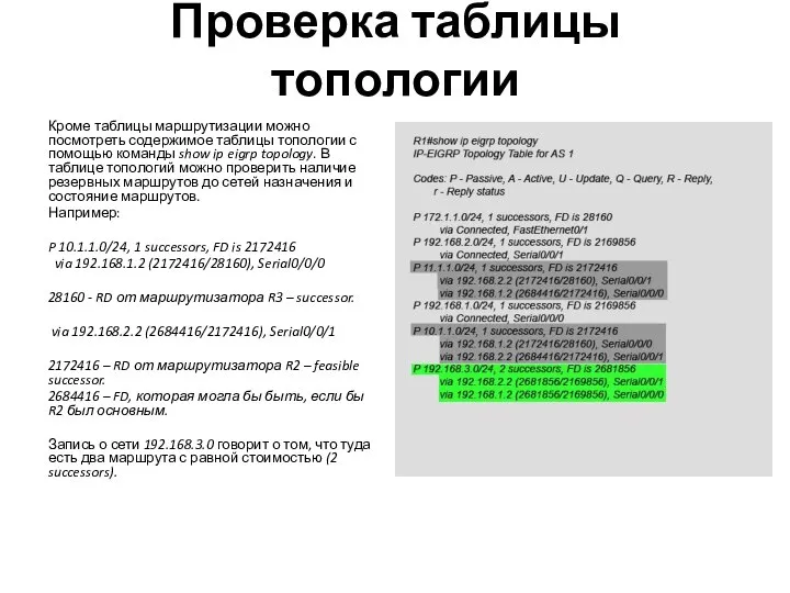 Проверка таблицы топологии Кроме таблицы маршрутизации можно посмотреть содержимое таблицы топологии с