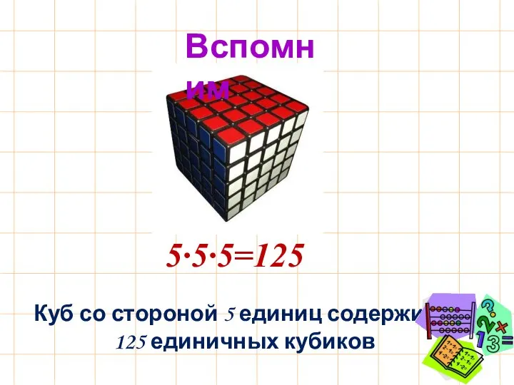 5∙5∙5=125 Куб со стороной 5 единиц содержит 125 единичных кубиков Вспомним