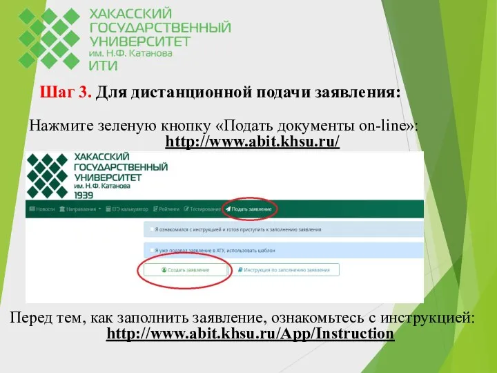 Шаг 3. Для дистанционной подачи заявления: Нажмите зеленую кнопку «Подать документы on-line»: