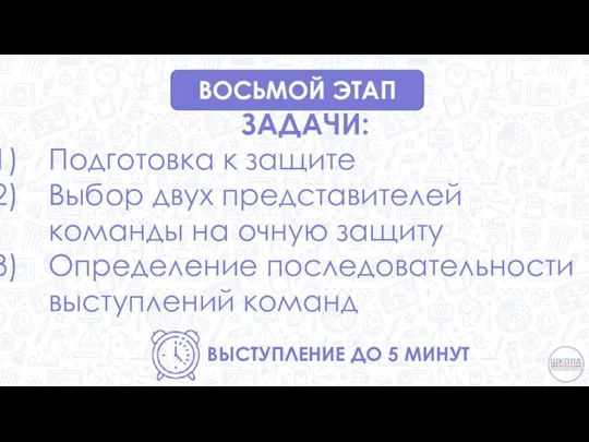 ВОСЬМОЙ ЭТАП ЗАДАЧИ: Подготовка к защите Выбор двух представителей команды на очную