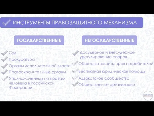 ИНСТРУМЕНТЫ ПРАВОЗАЩИТНОГО МЕХАНИЗМА ГОСУДАРСТВЕННЫЕ НЕГОСУДАРСТВЕННЫЕ Суд Прокуратура Органы исполнительной власти Правоохранительные органы