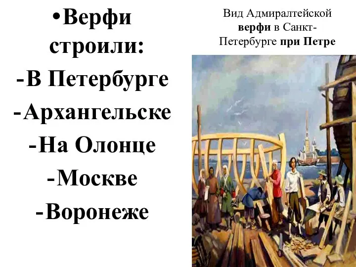 Верфи строили: В Петербурге Архангельске На Олонце Москве Воронеже Вид Адмиралтейской верфи в Санкт-Петербурге при Петре