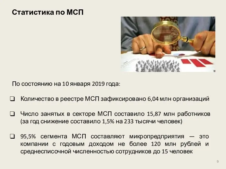 Статистика по МСП По состоянию на 10 января 2019 года: Количество в