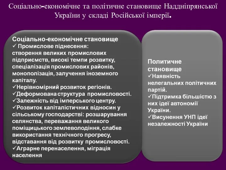 Соціально-економічне та політичне становище Наддніпрянської України у складі Російської імперії.