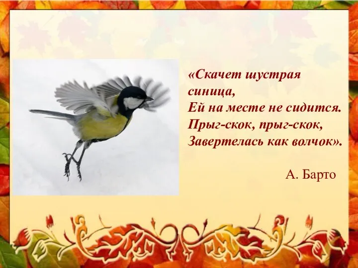 «Скачет шустрая синица, Ей на месте не сидится. Прыг-скок, прыг-скок, Завертелась как волчок». А. Барто