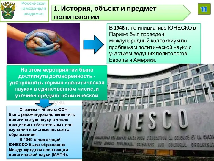 1. История, объект и предмет политологии Российская таможенная академия 11 В 1948