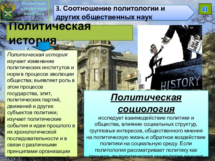 Политическая история Политическая история изучает изменение политических институтов и норм в процессе