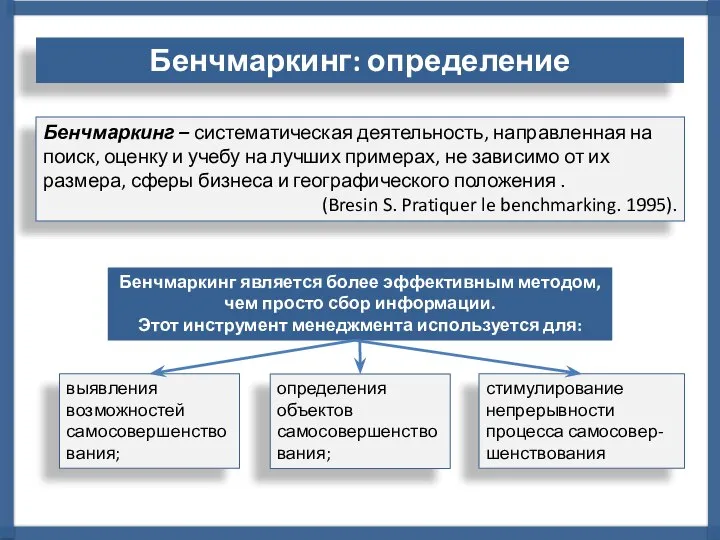 Бенчмаркинг – систематическая деятельность, направленная на поиск, оценку и учебу на лучших