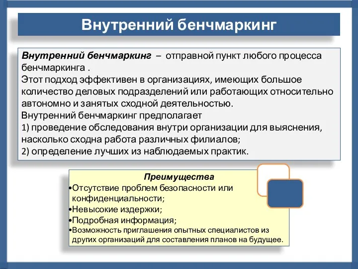 Внутренний бенчмаркинг – отправной пункт любого процесса бенчмаркинга . Этот подход эффективен