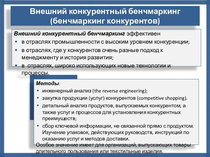 Внешний конкурентный бенчмаркинг эффективен в отраслях промышленности с высоким уровнем конкуренции; в