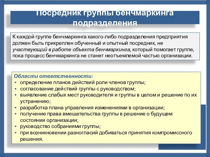 К каждой группе бенчмаркинга какого-либо подразделения предприятия должен быть прикреплен обученный и