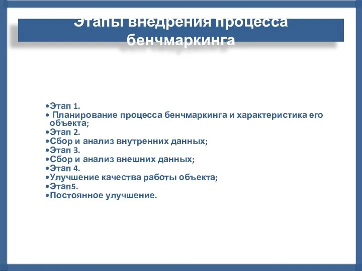 Этапы внедрения процесса бенчмаркинга Этап 1. Планирование процесса бенчмаркинга и характеристика его