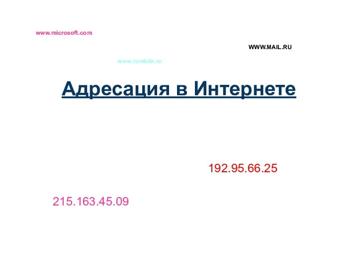 Адресация в Интернете 192.95.66.25 215.163.45.09 www.microsoft.com WWW.MAIL.RU www.rambler.ru