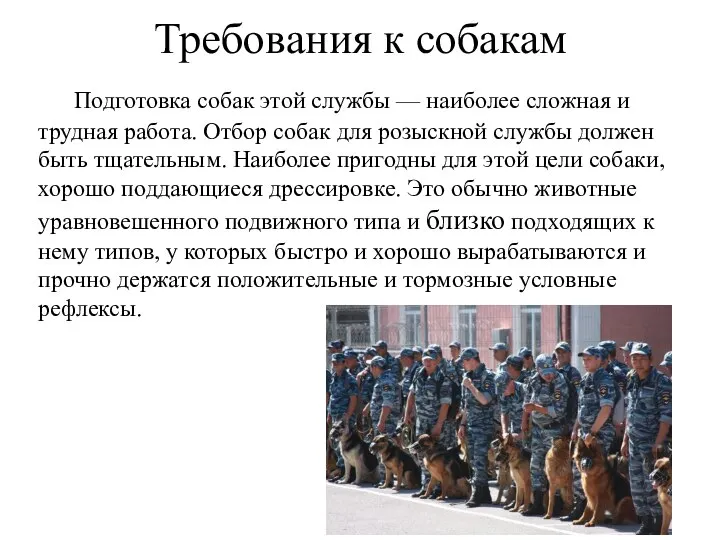 Требования к собакам Подготовка собак этой службы — наиболее сложная и трудная