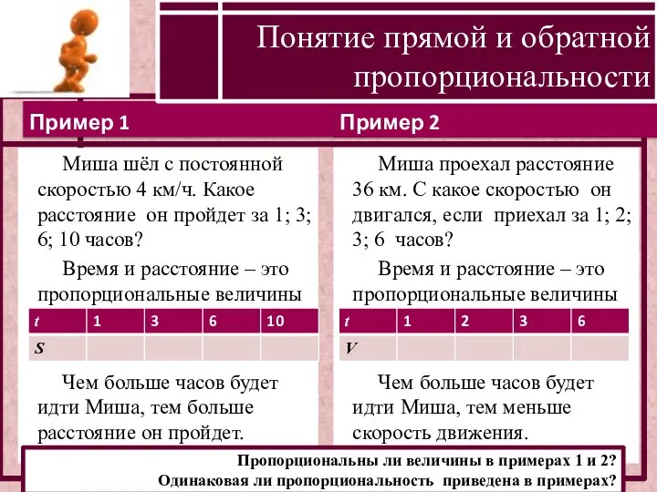 Пример 2 Пример 1 Понятие прямой и обратной пропорциональности Миша шёл с