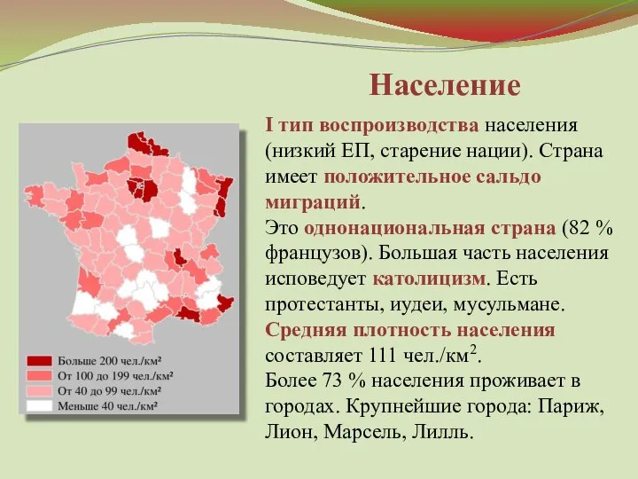 Население І тип воспроизводства населения (низкий ЕП, старение нации). Страна имеет положительное