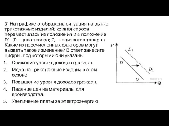 3) На графике отображена ситуация на рынке трикотажных изделий: кривая спроса переместилась