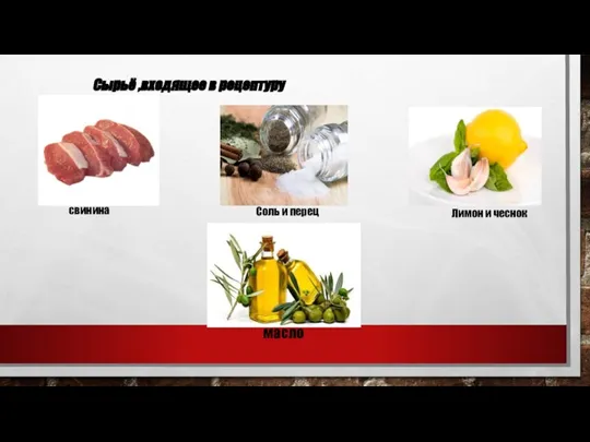 Сырьё ,входящее в рецептуру свинина масло Лимон и чеснок Соль и перец