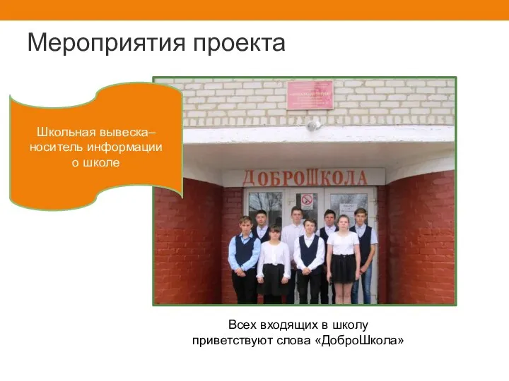 Мероприятия проекта Всех входящих в школу приветствуют слова «ДоброШкола» Школьная вывеска– носитель информации о школе
