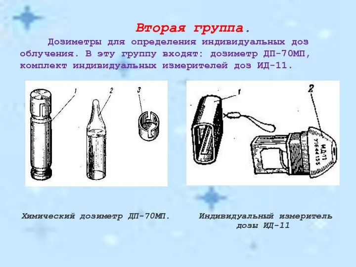 Вторая группа. Дозиметры для определения индивидуальных доз облу­чения. В эту группу входят: