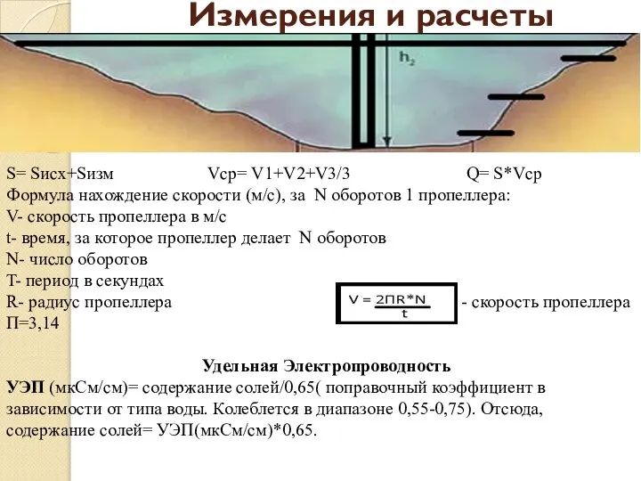 Измерения и расчеты S= Sисх+Sизм Vср= V1+V2+V3/3 Q= S*Vср Формула нахождение скорости