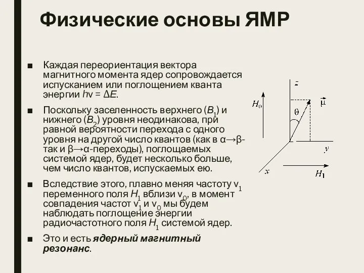 Физические основы ЯМР Каждая переориентация вектора магнитного момента ядер сопровождается испусканием или