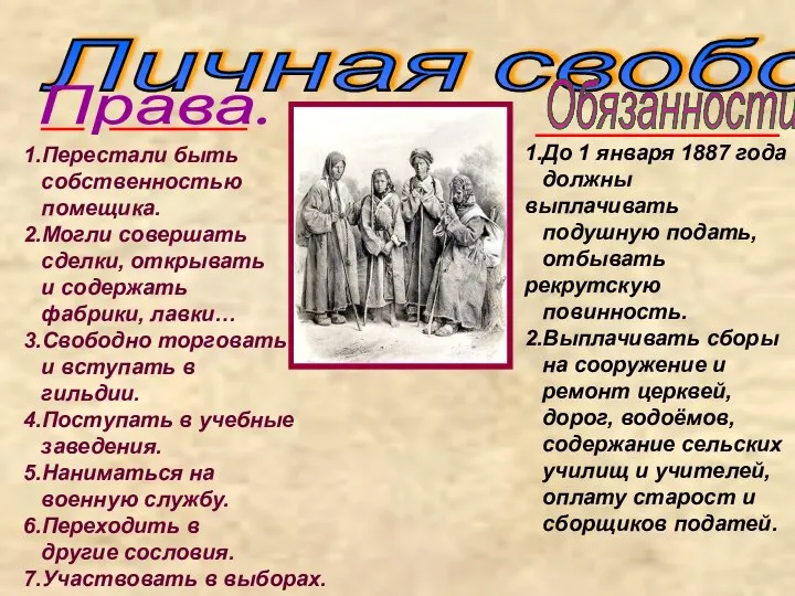 Личная свобода. Права. Обязанности. 1.Перестали быть собственностью помещика. 2.Могли совершать сделки, открывать