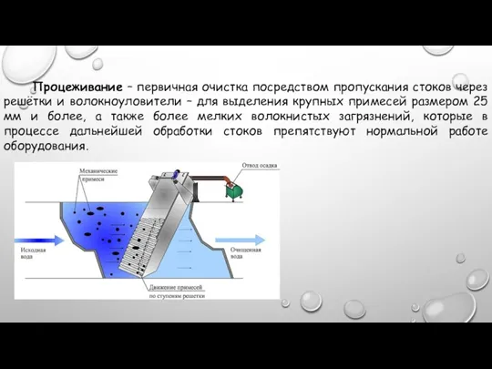 Процеживание – первичная очистка посредством пропускания стоков через решётки и волокноуловители –