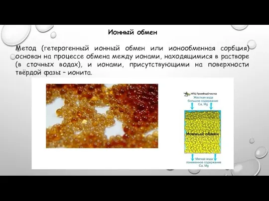 Ионный обмен Метод (гетерогенный ионный обмен или ионообменная сорбция) основан на процессе