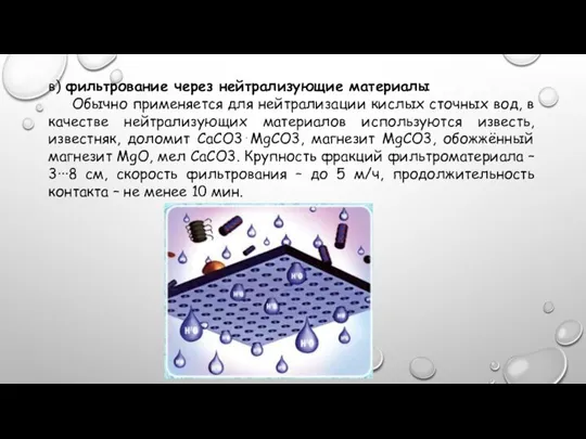 в) фильтрование через нейтрализующие материалы Обычно применяется для нейтрализации кислых сточных вод,