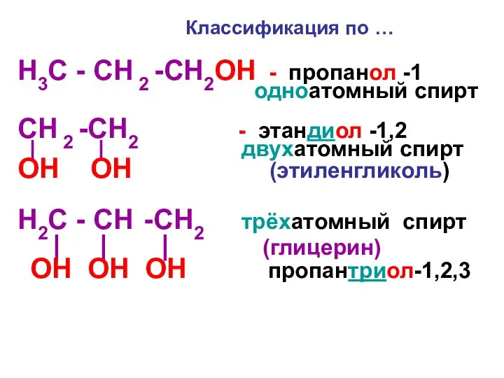 Классификация по … H3С - CH 2 -CH2OH - пропанол -1 одноатомный