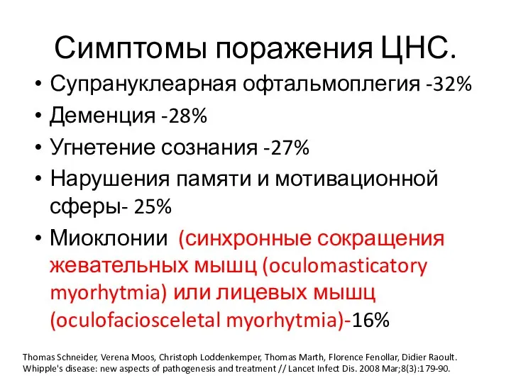 Симптомы поражения ЦНС. Супрануклеарная офтальмоплегия -32% Деменция -28% Угнетение сознания -27% Нарушения