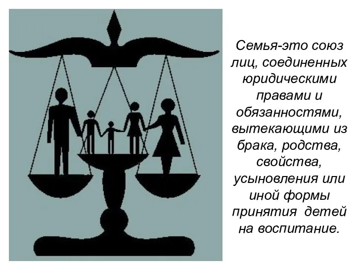 Семья-это союз лиц, соединенных юридическими правами и обязанностями, вытекающими из брака, родства,