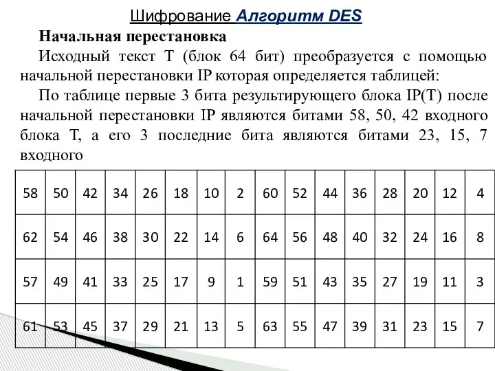 Шифрование Алгоритм DES Начальная перестановка Исходный текст T (блок 64 бит) преобразуется