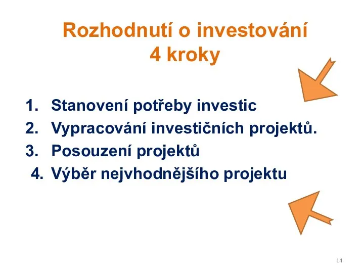 Stanovení potřeby investic Vypracování investičních projektů. Posouzení projektů 4. Výběr nejvhodnějšího projektu