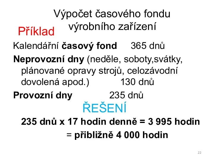 Kalendářní časový fond 365 dnů Neprovozní dny (neděle, soboty,svátky, plánované opravy strojů,