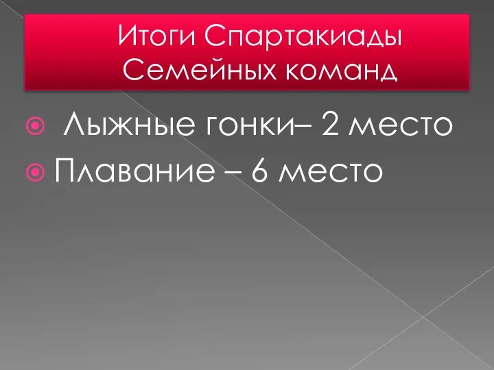 Итоги Спартакиады Семейных команд Лыжные гонки– 2 место Плавание – 6 место