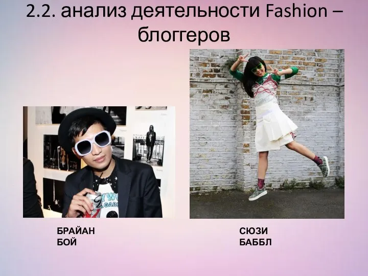2.2. анализ деятельности Fashion – блоггеров БРАЙАН БОЙ СЮЗИ БАББЛ