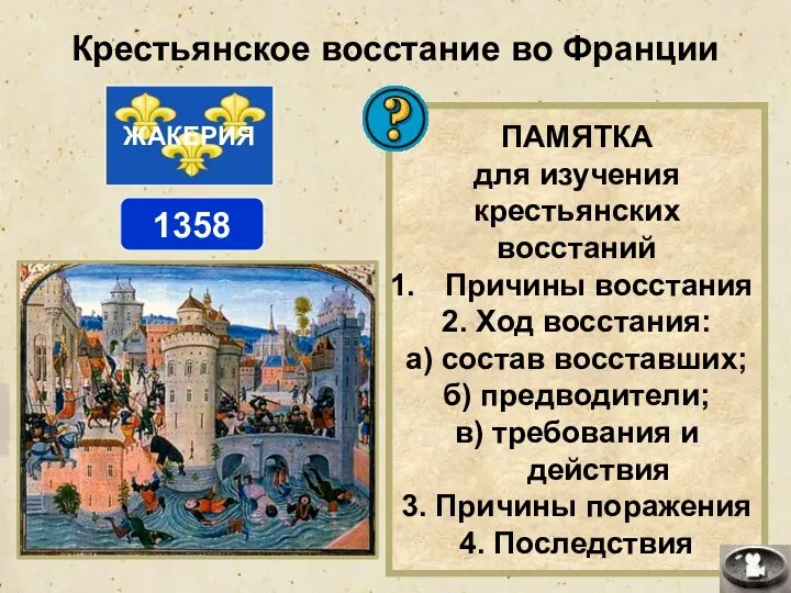 Крестьянское восстание во Франции ПАМЯТКА для изучения крестьянских восстаний Причины восстания 2.