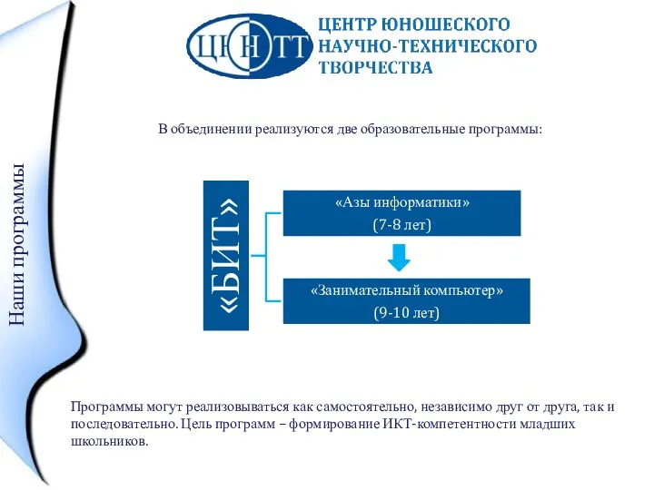 В объединении реализуются две образовательные программы: Наши программы Программы могут реализовываться как