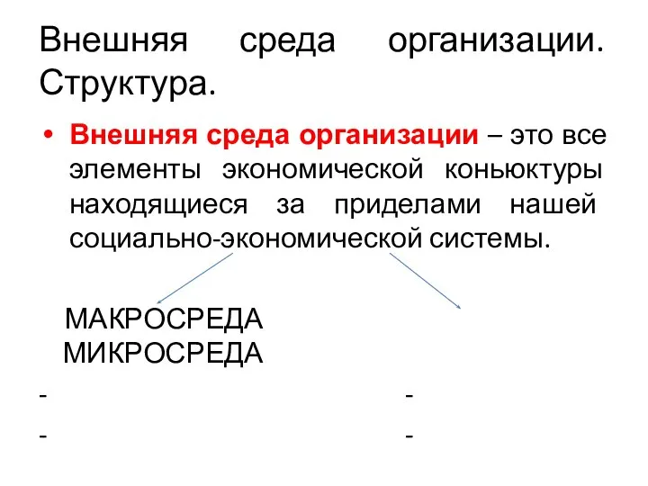 Внешняя среда организации. Структура. Внешняя среда организации – это все элементы экономической