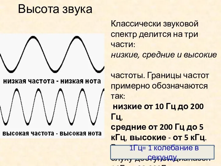 Высота звука Классически звуковой спектр делится на три части: низкие, средние и