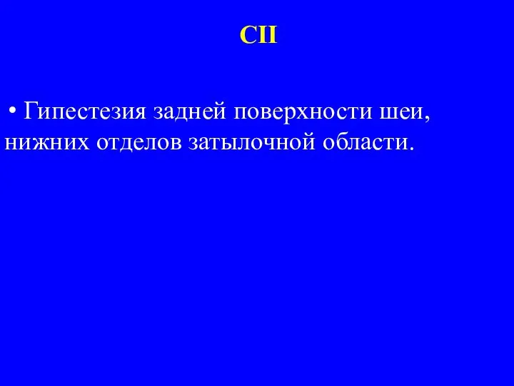 Гипестезия задней поверхности шеи, нижних отделов затылочной области. CII