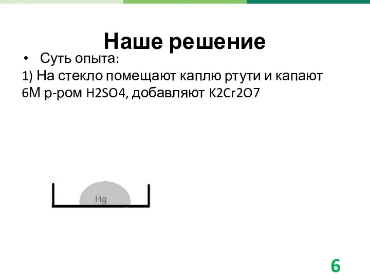 Наше решение Суть опыта: 1) На стекло помещают каплю ртути и капают