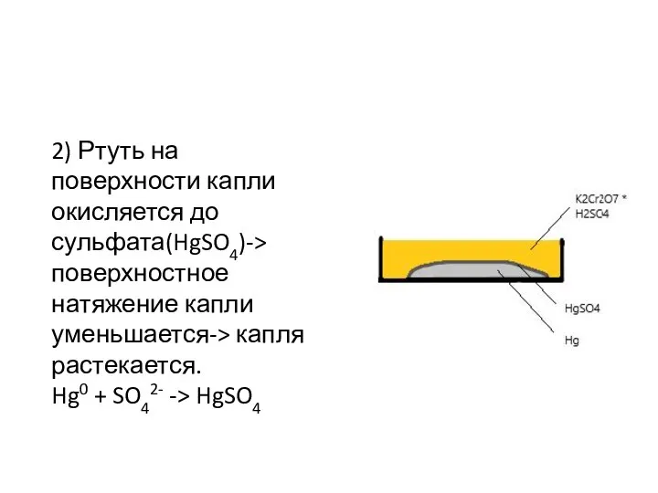 2) Ртуть на поверхности капли окисляется до сульфата(HgSO4)-> поверхностное натяжение капли уменьшается->