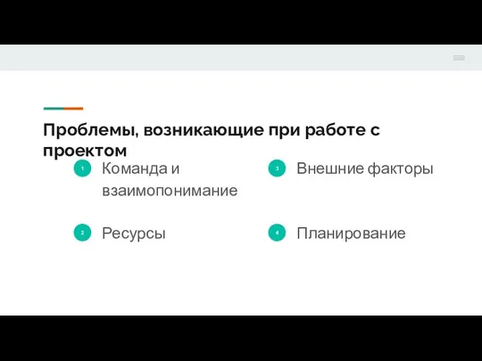 Проблемы, возникающие при работе с проектом 1 Команда и взаимопонимание 2 Ресурсы