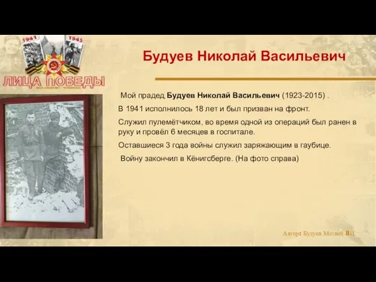 Мой прадед, Будуев Николай Васильевич (1923-2015) . В 1941 исполнилось 18 лет