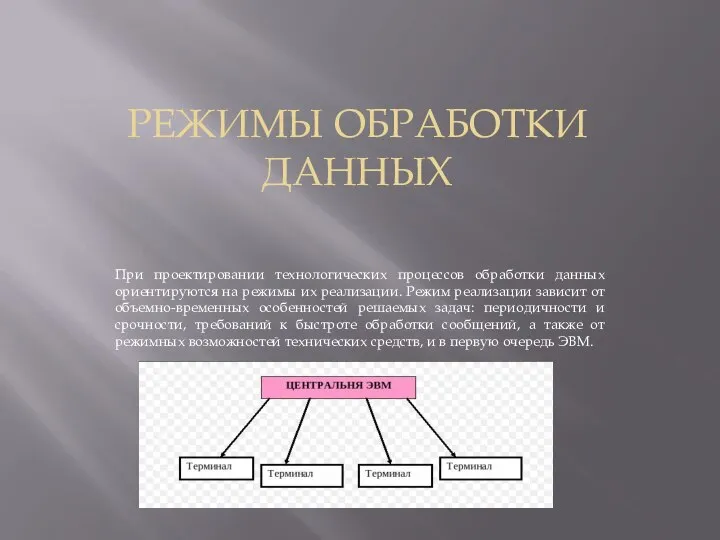 РЕЖИМЫ ОБРАБОТКИ ДАННЫХ При проектировании технологических процессов обработки данных ориентируются на режимы